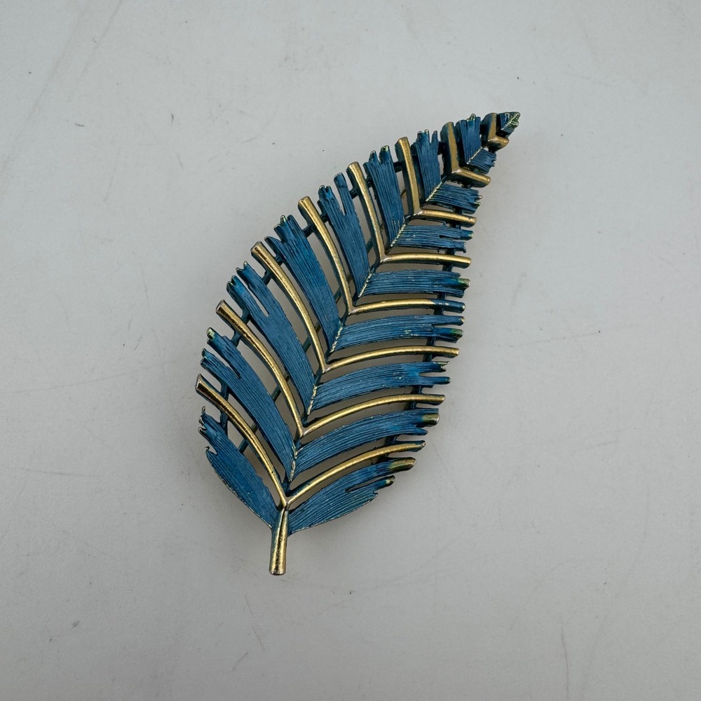 Lisner Leaf Brooch Blue Gold Tone Excellent Vintage Enamel Feather Pin